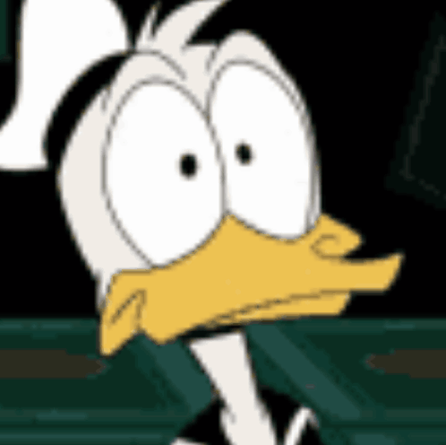 A Cartoon Duck With Big Eyes And A Yellow Beak Is Looking At The Camera . GIF
