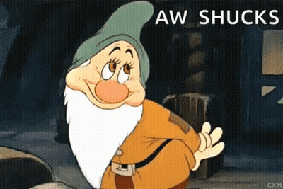 A Cartoon Dwarf From Snow White And The Seven Dwarfs Is Waving At The Camera And Says Aw Shucks . GIF