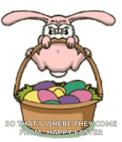 A Cartoon Easter Bunny Is Holding A Basket Of Easter Eggs . GIF