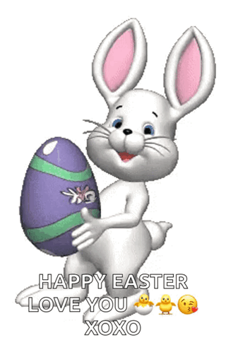 A Cartoon Easter Bunny Is Holding A Purple And Green Easter Egg And Says Happy Easter Love You Xoxo GIF