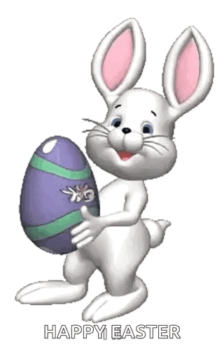 A Cartoon Easter Bunny Is Holding A Purple Egg And Saying Happy Easter . GIF