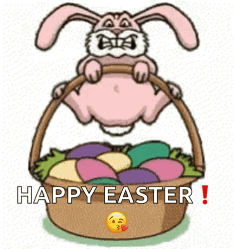 A Cartoon Easter Bunny Is Jumping Into A Basket Of Eggs GIF