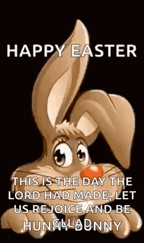 A Cartoon Easter Bunny With A Heart In Its Mouth Is Holding A Sign That Says Happy Easter . GIF