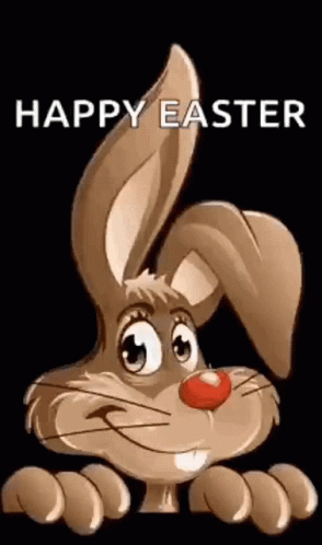 A Cartoon Easter Bunny With A Red Nose And The Words `` Happy Easter '' Behind It . GIF