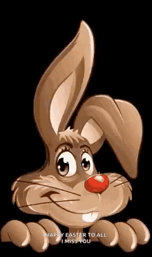 A Cartoon Easter Bunny With A Red Nose Is Smiling And Looking At The Camera . GIF