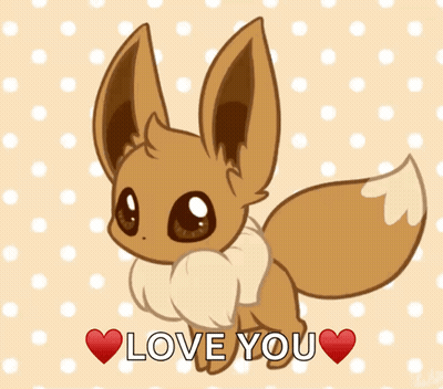 A Cartoon Eevee Says " Love You " With Hearts Around It GIF