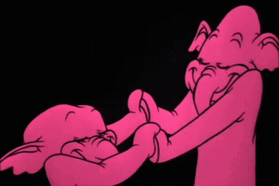 A Cartoon Elephant Is Holding A Woman 'S Hand In A Pink Background . GIF