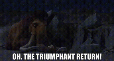 A Cartoon Elephant Is Laying In The Snow With The Words `` Oh , The Triumphant Return '' . GIF