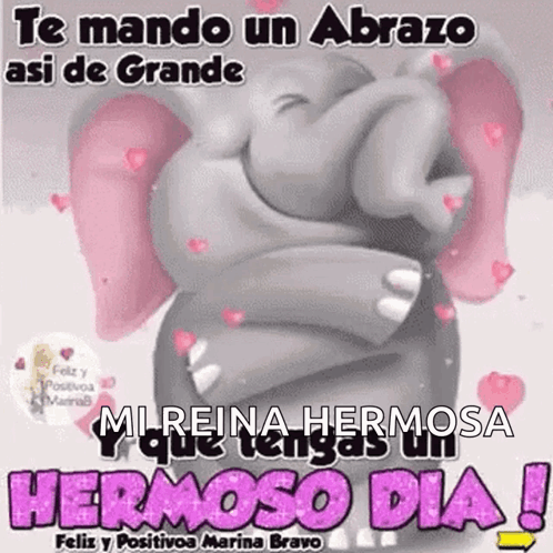 A Cartoon Elephant With Pink Ears Is Holding A Pink Heart And Says `` Te Mando Un Abrazo '' . GIF