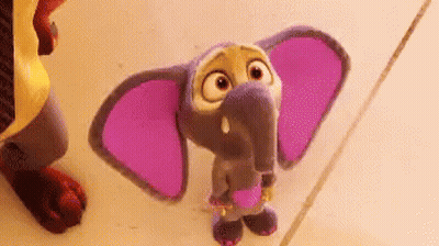 A Cartoon Elephant With Purple Ears Is Standing On A Tiled Floor . GIF
