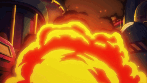 A Cartoon Explosion With A Lot Of Orange And Yellow Smoke Coming Out Of It GIF