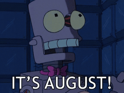 A Cartoon Explosion With The Words It 'S August Written On It GIF