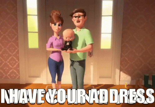A Cartoon Family Standing In Front Of A Door With The Words " Have Your Address " GIF