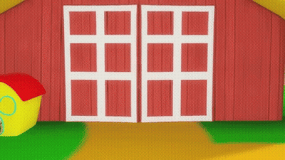 A Cartoon Farmer Is Standing In A Red Barn With His Doors Open . GIF