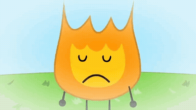 A Cartoon Fire With A Sad Face Is Standing On A Grassy Field . GIF