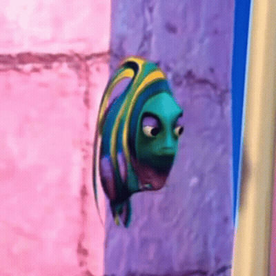 A Cartoon Fish Is Looking Out Of A Window With A Purple Background . GIF