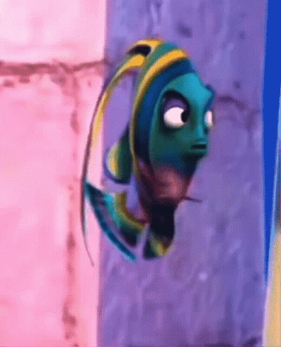 A Cartoon Fish With A Yellow Tail Is Looking At The Camera . GIF