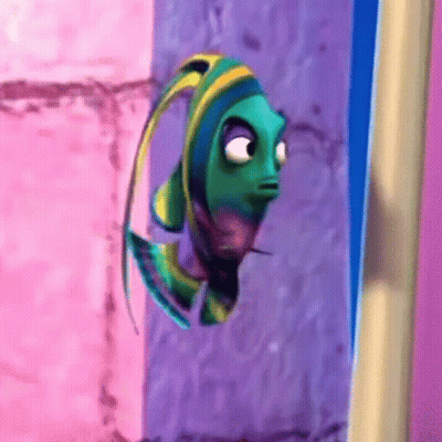 A Cartoon Fish With A Yellow Tail Is Looking Out Of A Window GIF
