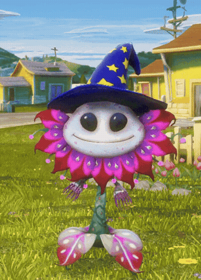 A Cartoon Flower Wearing A Blue And Yellow Witch Hat GIF