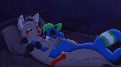 A Cartoon Fox And A Blue Raccoon Are Hugging Each Other While Laying On A Bed . GIF