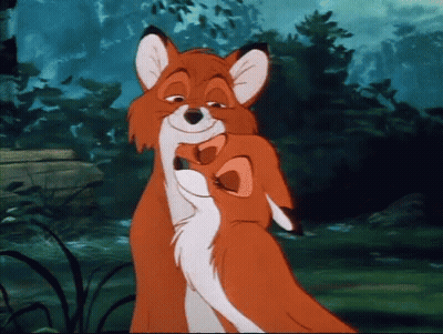 A Cartoon Fox Is Hugging Another Fox In The Woods GIF