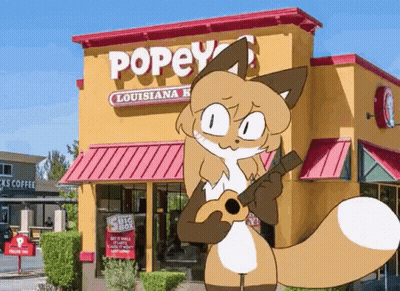 A Cartoon Fox Is Playing A Ukulele In Front Of A Popeye 'S Restaurant GIF