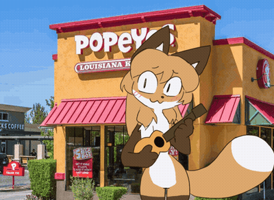 A Cartoon Fox Is Playing An Ukulele In Front Of A Popeye 'S Louisiana Restaurant GIF