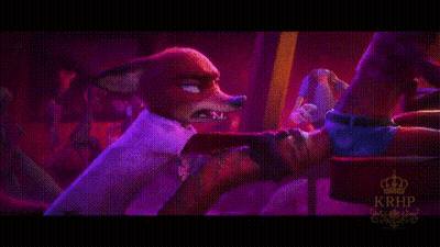 A Cartoon Fox Is Sitting In A Chair In A Dark Room With Purple Lights . GIF