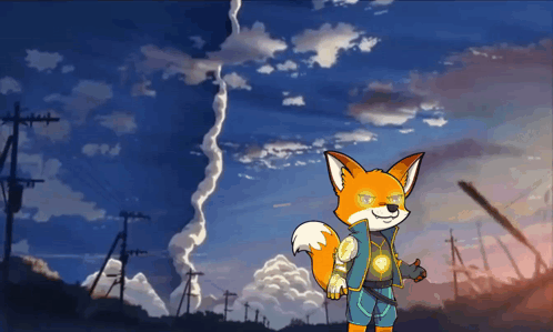 A Cartoon Fox Is Standing In Front Of A Blue Sky With Clouds GIF