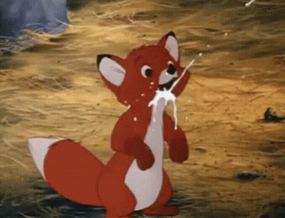 A Cartoon Fox Is Standing On Its Hind Legs And Eating A Piece Of Food . GIF