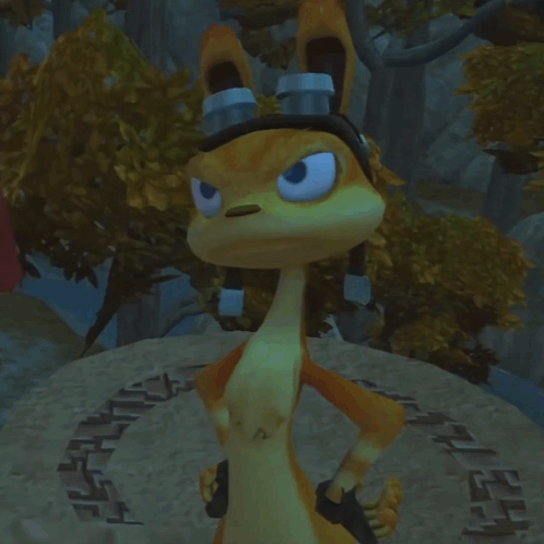 A Cartoon Fox Wearing A Hat And Goggles Is Standing On A Rock GIF