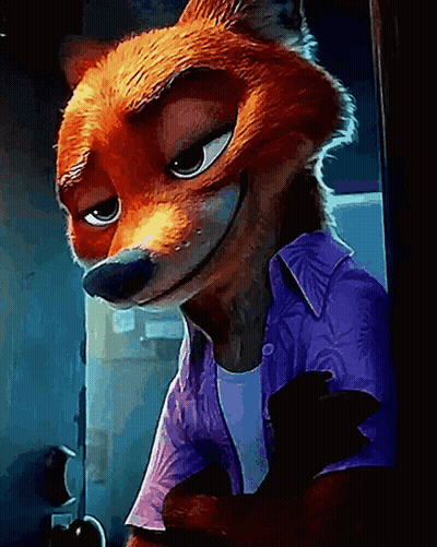 A Cartoon Fox Wearing A Purple Shirt Is Standing In A Doorway . GIF