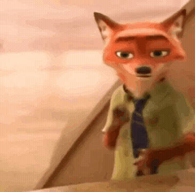 A Cartoon Fox Wearing A Tie And A Shirt Is Standing On A Table . GIF