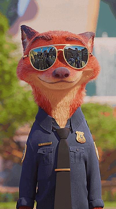A Cartoon Fox Wearing Sunglasses And A Police Uniform With The Name Nick On It GIF