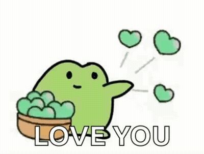 A Cartoon Frog Is Holding A Bowl Of Green Hearts And Says `` Love You '' . GIF