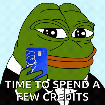 A Cartoon Frog Is Holding A Credit Card With The Words Time To Spend A Few Credits Below It GIF