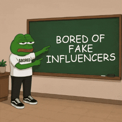 A Cartoon Frog Points To A Blackboard That Says Bored Of Fake Influencers GIF
