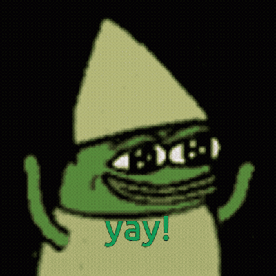 a cartoon frog wearing a white hat and sunglasses says " yay "