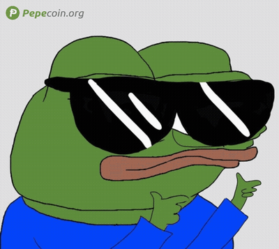 A Cartoon Frog Wearing Sunglasses And A Blue Shirt With Pepecoin.org In The Corner GIF
