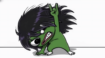 A Cartoon Frog With Long Black Hair Is Giving A Rock And Roll Sign . GIF