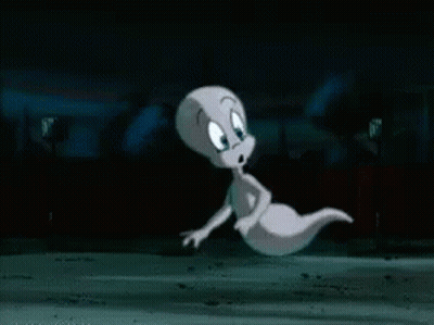 A Cartoon Ghost Is Flying Through The Air At Night . GIF