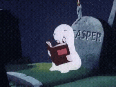 A Cartoon Ghost Is Reading A Book In Front Of A Gravestone With The Name Asper Written On It GIF