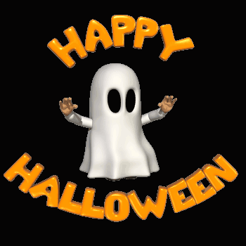 A Cartoon Ghost Is Surrounded By The Words " Happy Halloween " GIF