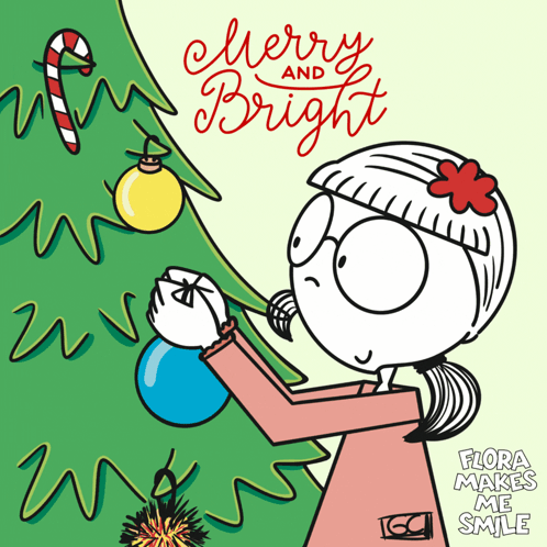 A Cartoon Girl Decorating A Christmas Tree With The Words Merry And Bright GIF