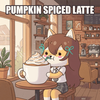 A Cartoon Girl Drinking A Cup Of Pumpkin Spiced Latte GIF