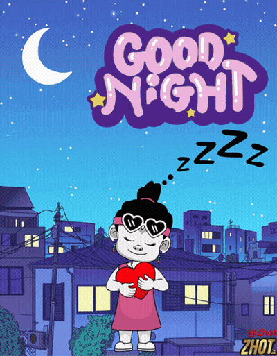 A Cartoon Girl Holding A Heart In Front Of A Good Night Sign GIF