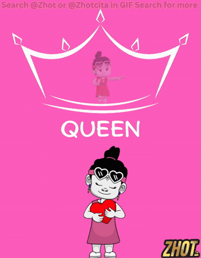 A Cartoon Girl Holding A Heart Under A Crown With The Word Queen On It GIF
