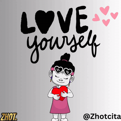 A Cartoon Girl Holding A Heart With The Words Love Yourself Behind Her GIF