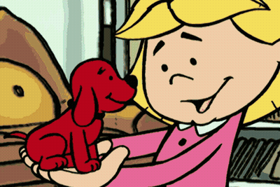 A Cartoon Girl Holding A Small Red Dog GIF