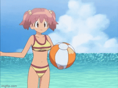 A Cartoon Girl In A Bikini Is Playing With A Beach Ball . GIF